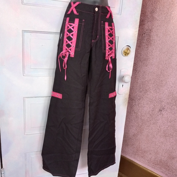 Royal Bones Pants - Tripp sister brand Royal Bones nwt mall-goth blk&pink corset thigh wideleg pants